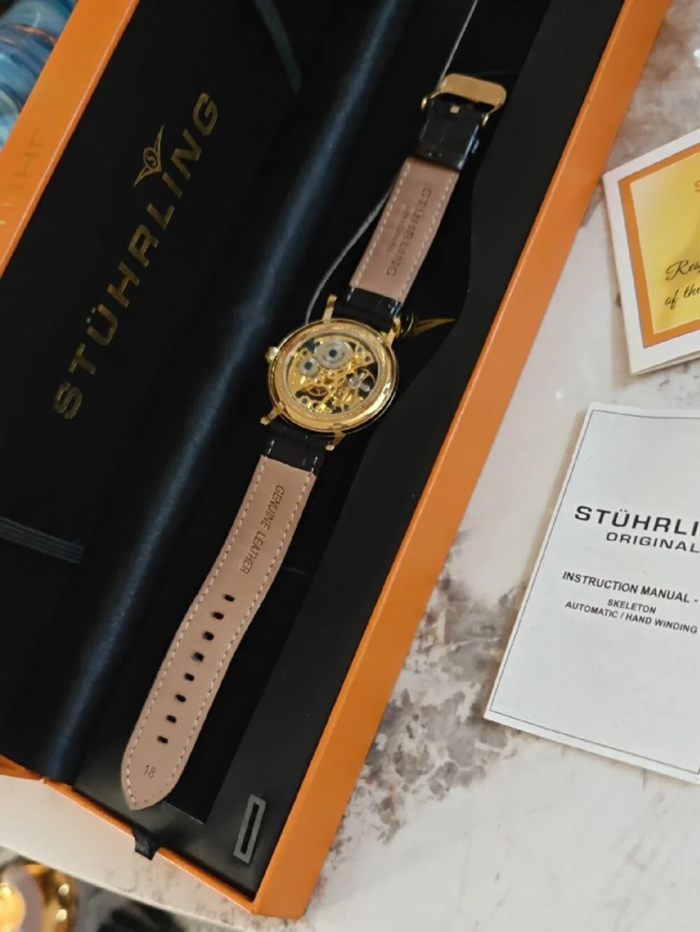 Unisex Watches ⌚.Stuhrling Original Gold Skeleton Watch with Black Leather Strap